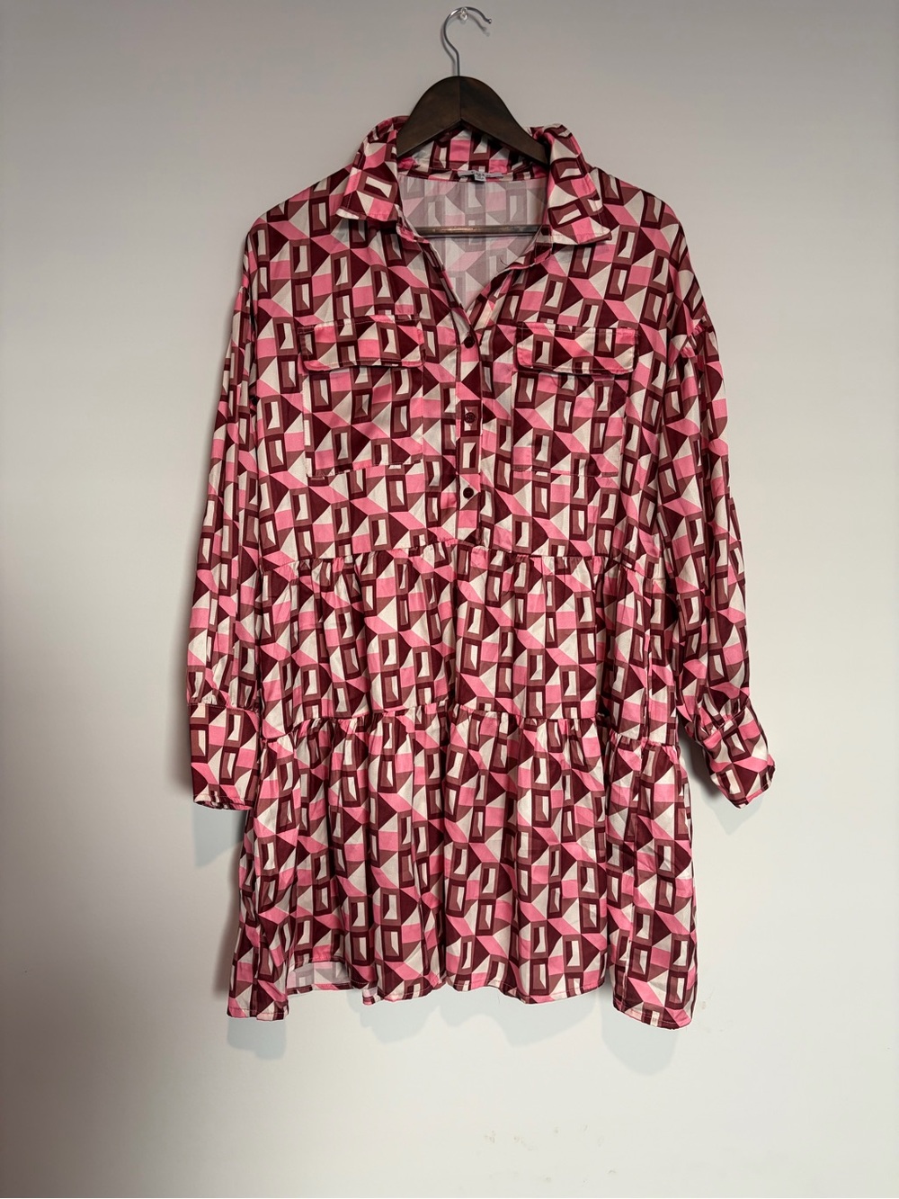 Fate Pink Geometric Mini Dress S Retro 70s Mod Tiered Shirt Dress